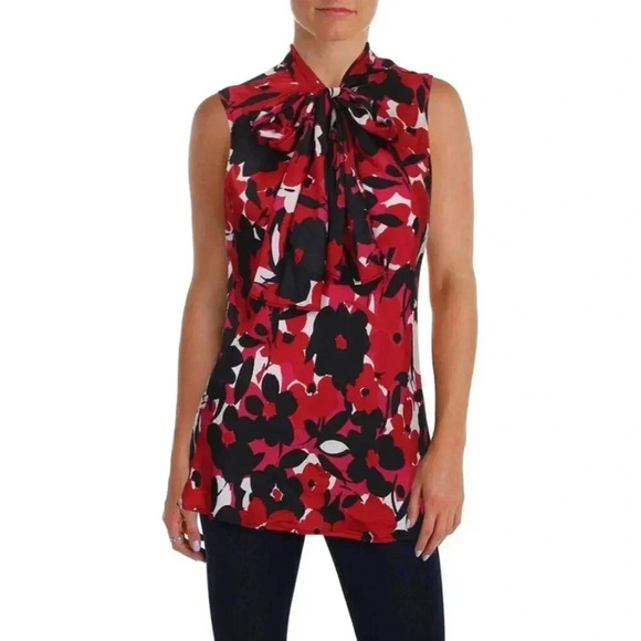 Nine West Red & Black Floral Printed V Neck Bow Sleeveless Blouse M - Picture 1 of 5